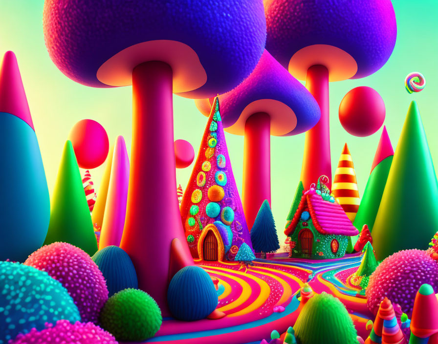 Vibrant Mushroom Houses in Whimsical Candy-Like Landscape