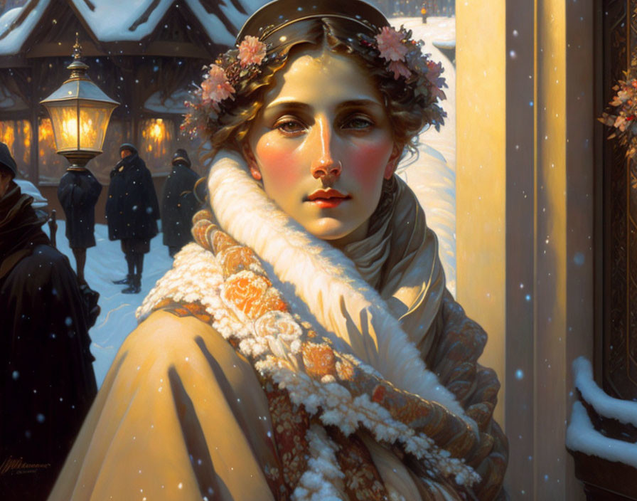 Young woman with floral crown in snowy lantern-lit scene