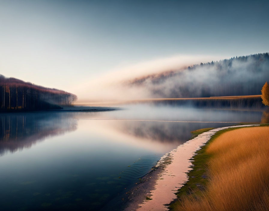 Serene lake scene with mist, trees, clear sky, and golden tree reflection