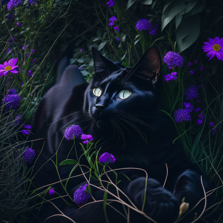 Black cat with green eyes in lush greenery and purple flowers