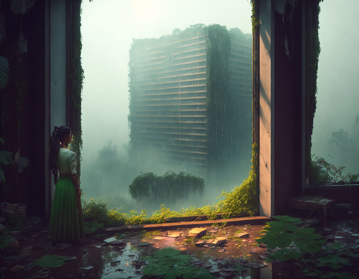 Woman in Green Dress Gazes at Abandoned Building in Foggy, Overgrown Setting