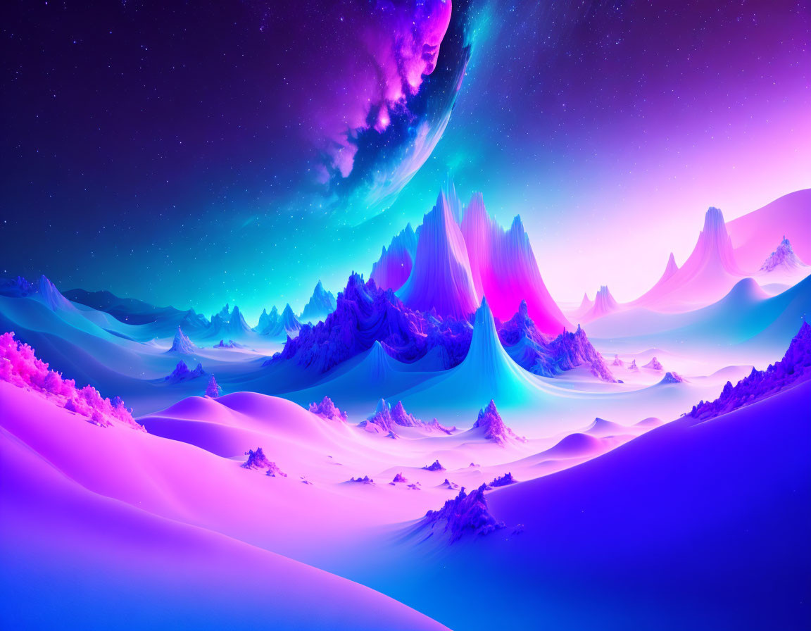 Colorful Alien Landscape with Neon Mountains and Cosmic Sky
