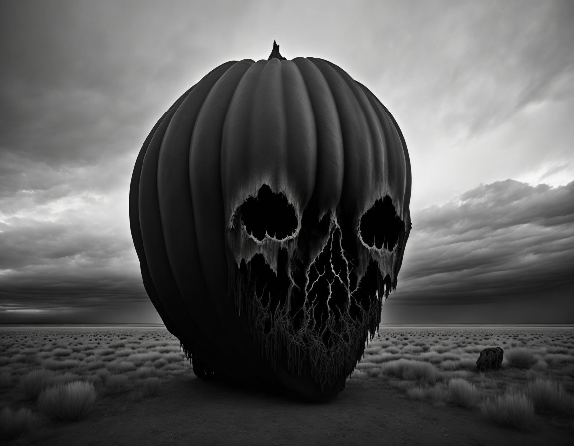 Surreal image: Large pumpkin with carved faces in desolate landscape