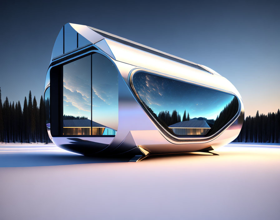 Glass-Walled Pod in Snowy Landscape with Forest Backdrop