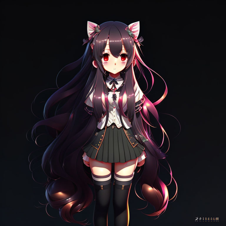 Anime girl digital artwork: long wavy hair, red eyes, black school uniform, knee-high stockings