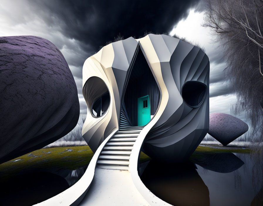 Futuristic architecture with wavy design and turquoise door in rocky landscape.