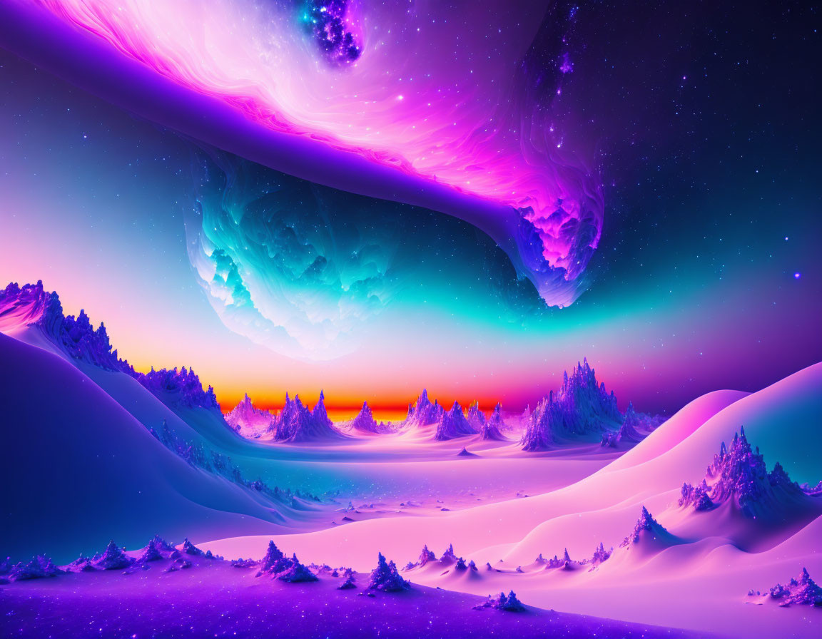 Stunning purple and blue aurora borealis above snowy landscape