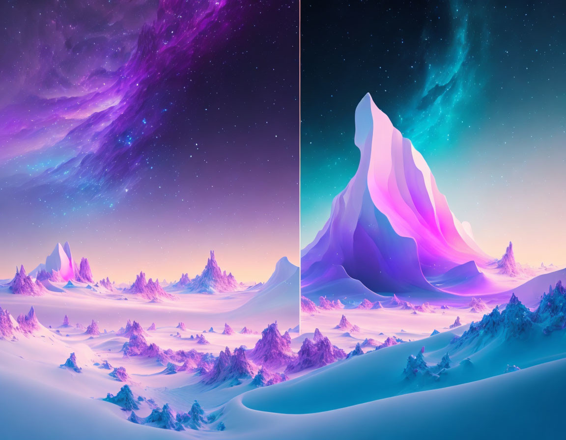 Split landscape digital artwork: snowy mountains under a purple starry sky next to a bright daylight scene.