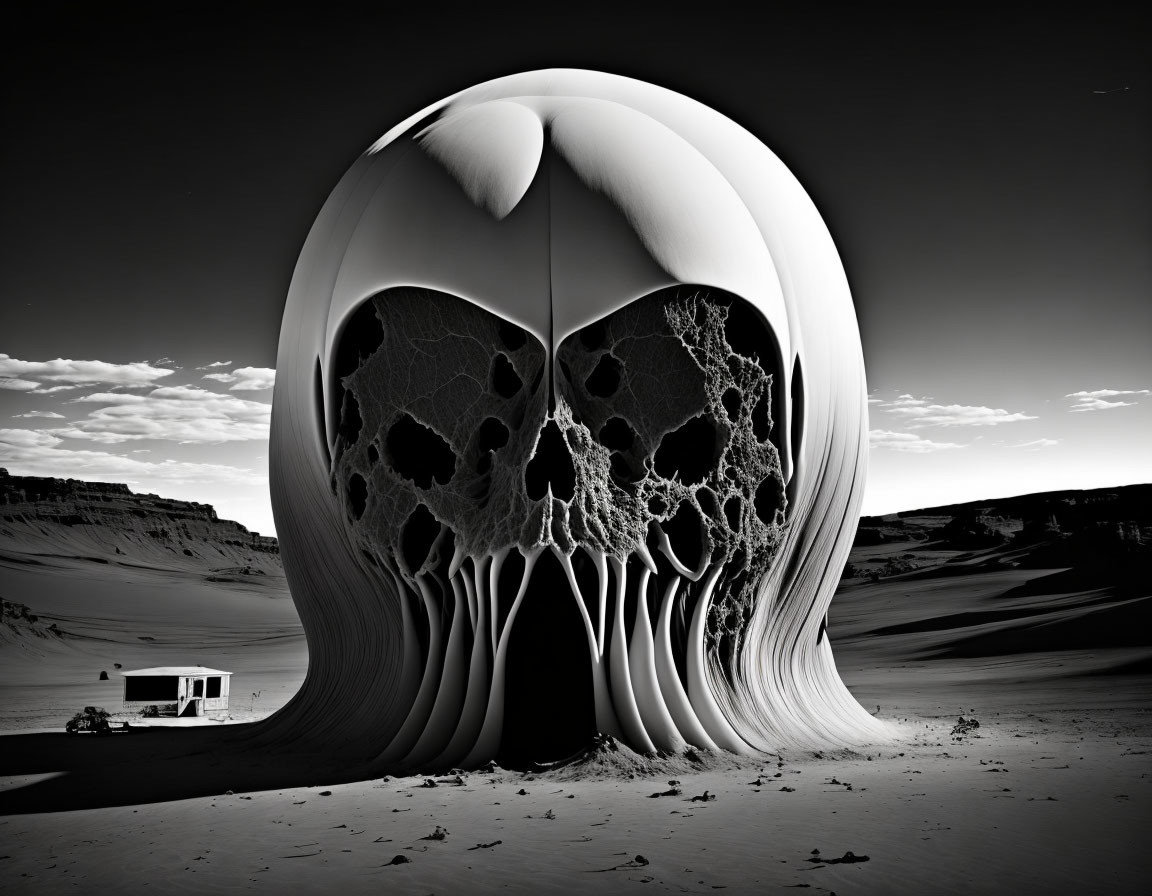 Abstract black and white desert artwork with organic structure and camper van