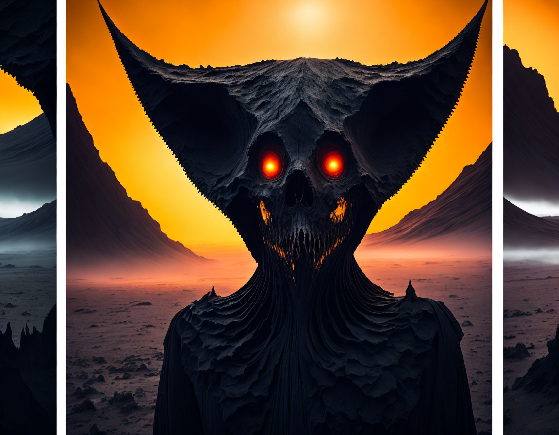 Surreal artwork: Menacing figure with glowing red eyes on desert landscape