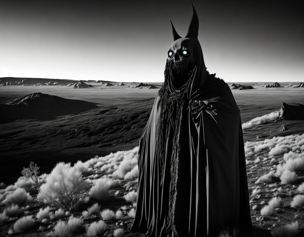 Stylized figure in black cloak with glowing eyes in monochrome desert landscape