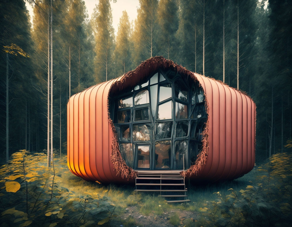 Modern cylindrical building with large glass windows in tranquil forest