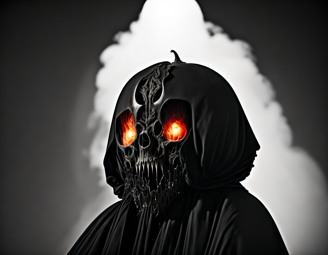 Hooded figure with skull face and red eyes emitting white smoke