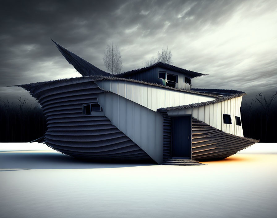 Ship-themed house with pointy roof in snowy landscape