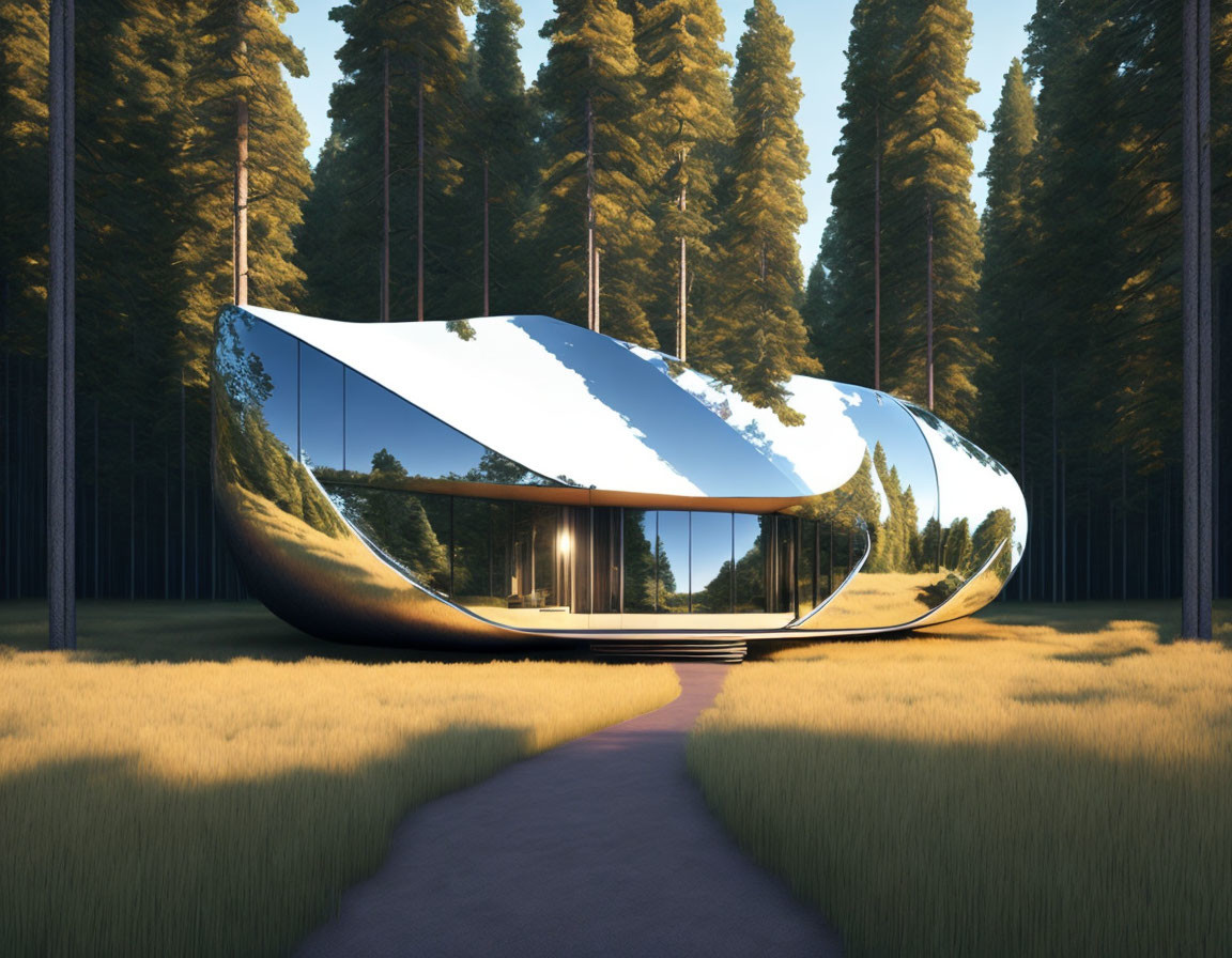 Futuristic curved structure in forest clearing with path and tall trees