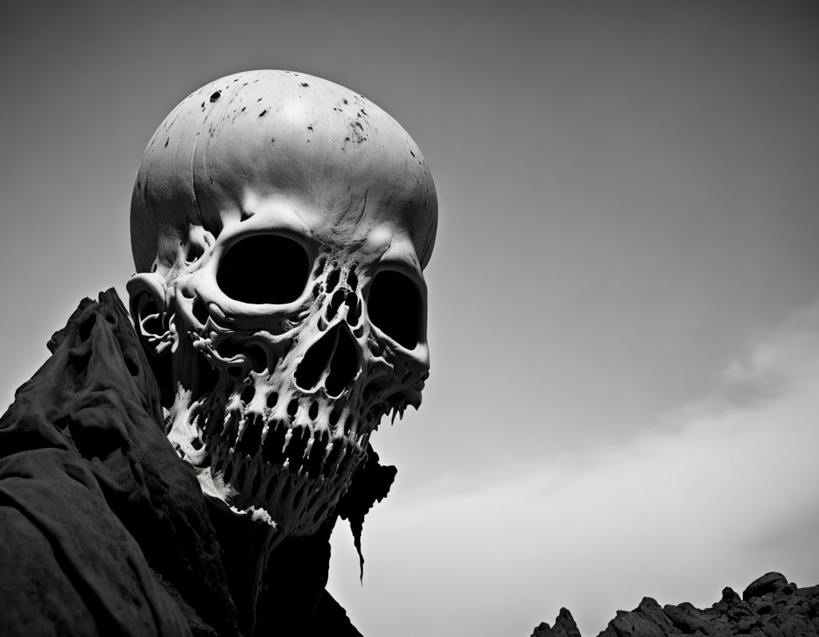 Monochrome image of person in skull mask under cloudy sky