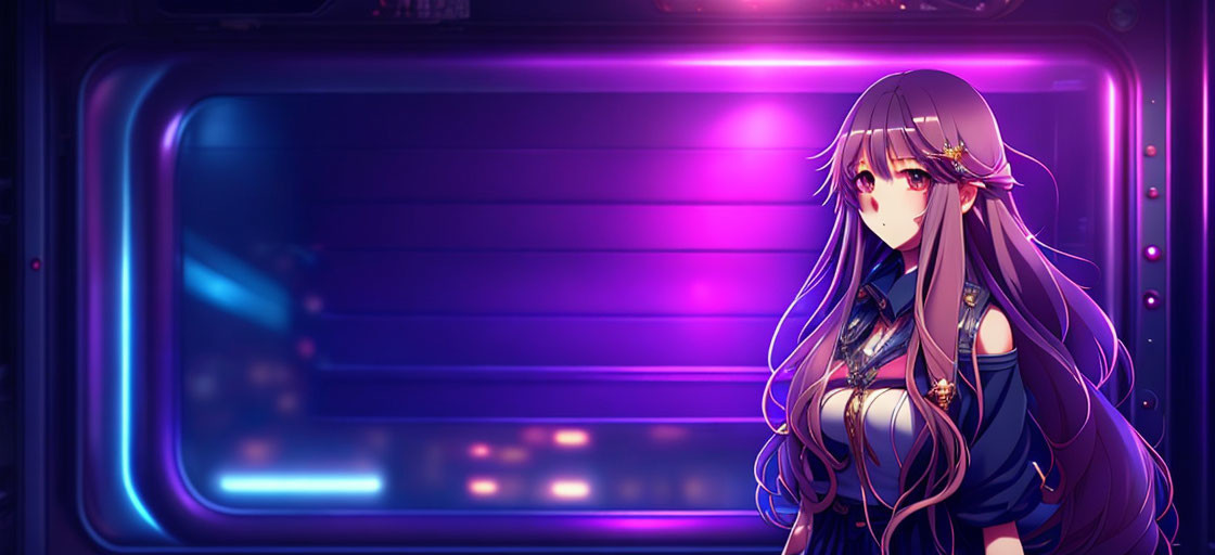 Purple-haired anime girl with golden accessories in futuristic setting