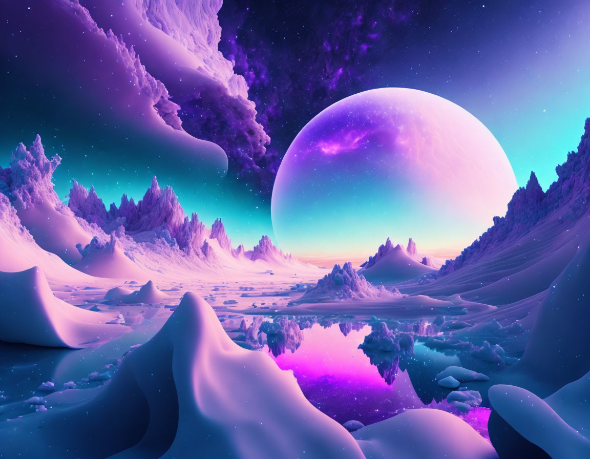 Surreal digital artwork: alien landscape with purple hues