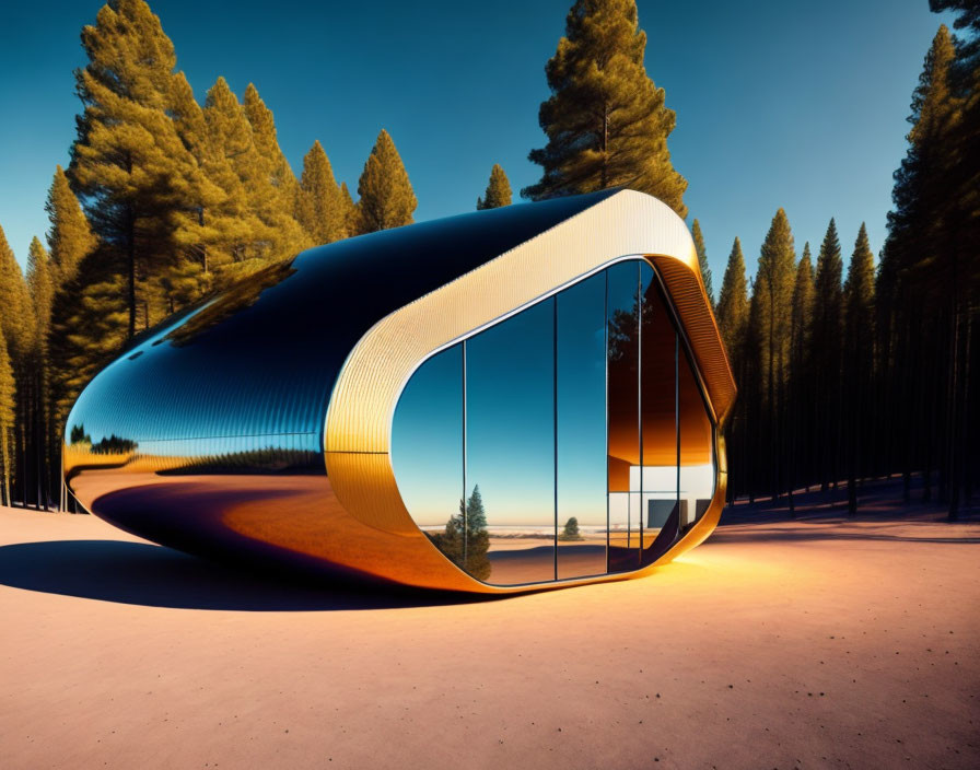 Capsule-shaped futuristic building in pine forest with reflective surfaces