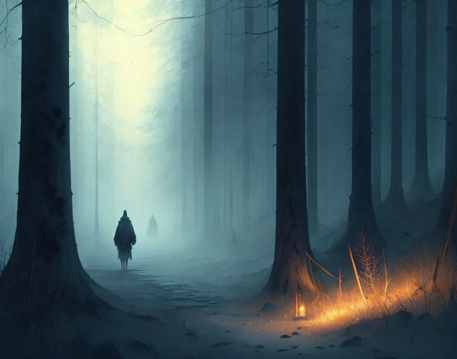 Mysterious figure in foggy forest with glowing light