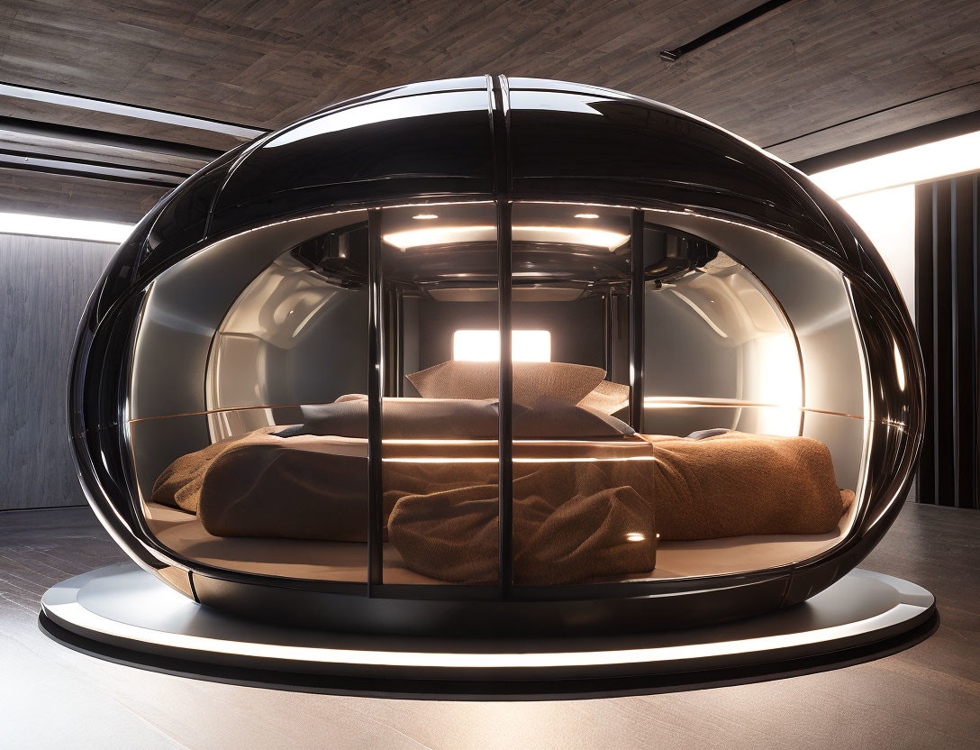 Futuristic spherical pod bedroom with glossy black exterior and cozy bed in modern interior