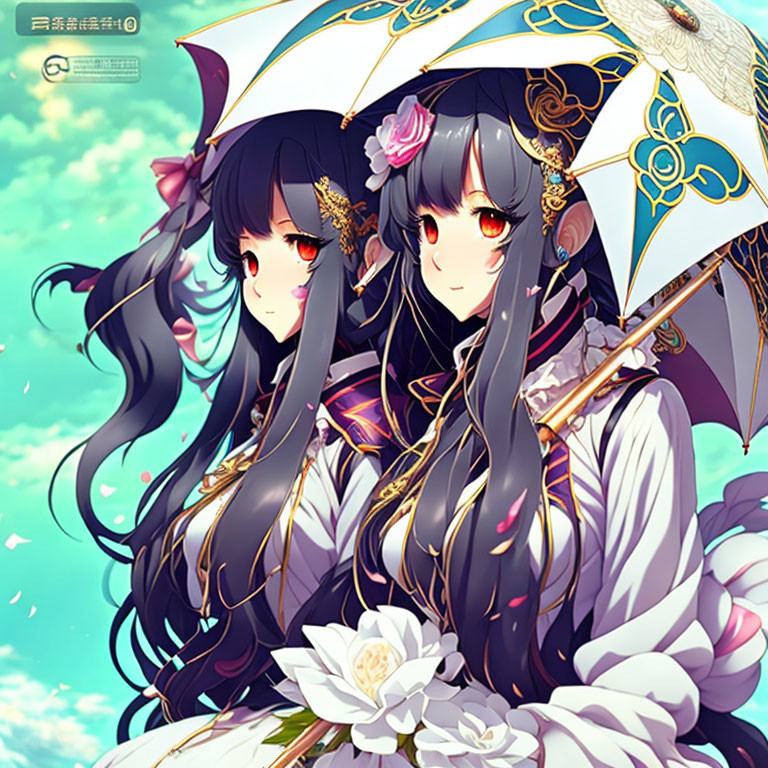 Two dark-haired animated female characters under ornate gold and floral umbrella on blue backdrop.