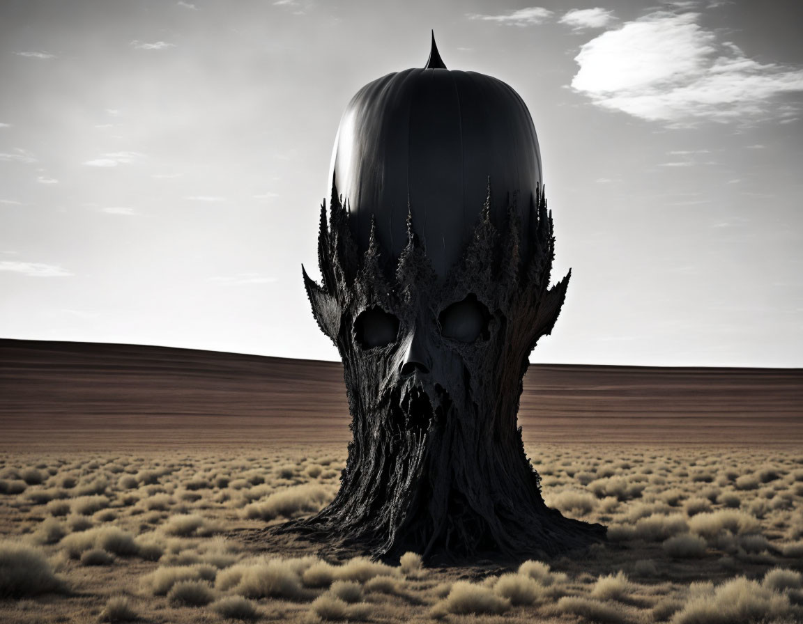 Dark, smooth spherical crown tree with skull-like face in desert landscape