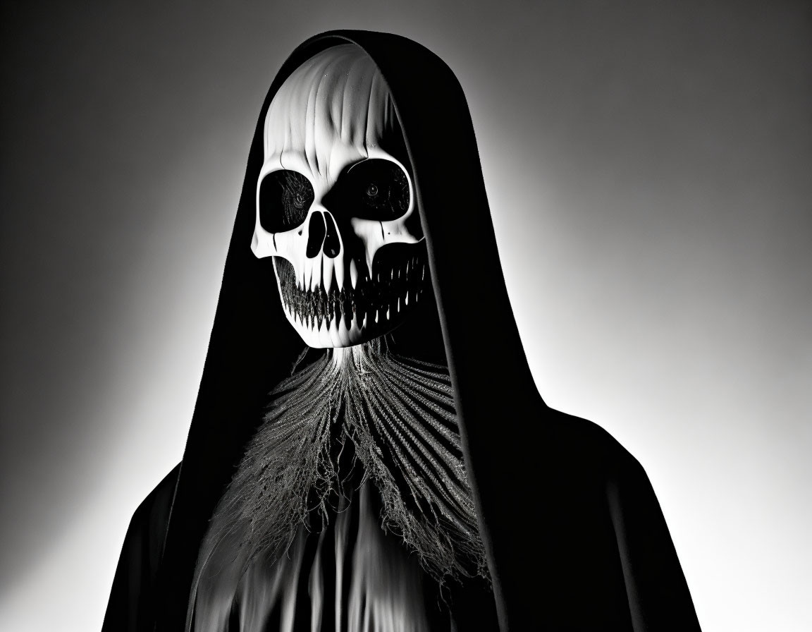Hooded figure in skull mask on dark background