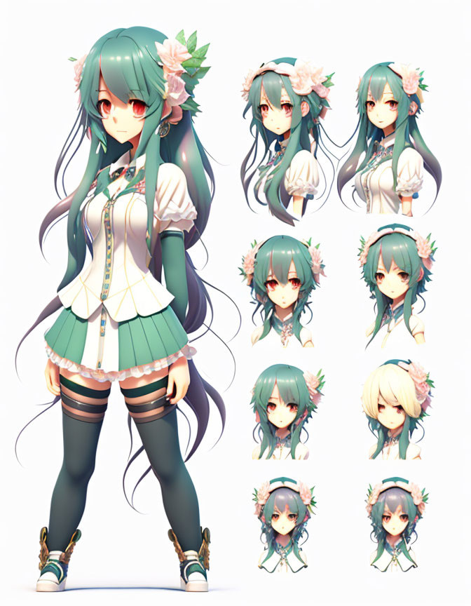 Turquoise-haired anime character with flower adornments in various expressions and hairstyles