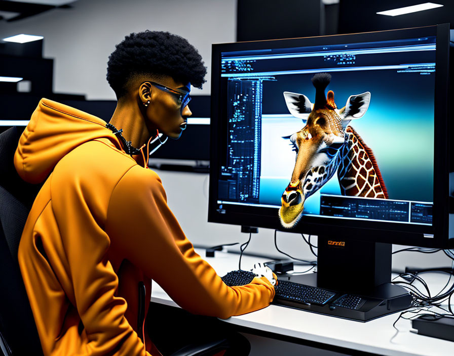 Person in Blue Glasses & Orange Hoodie Working on Graphic Design with Giraffe Image