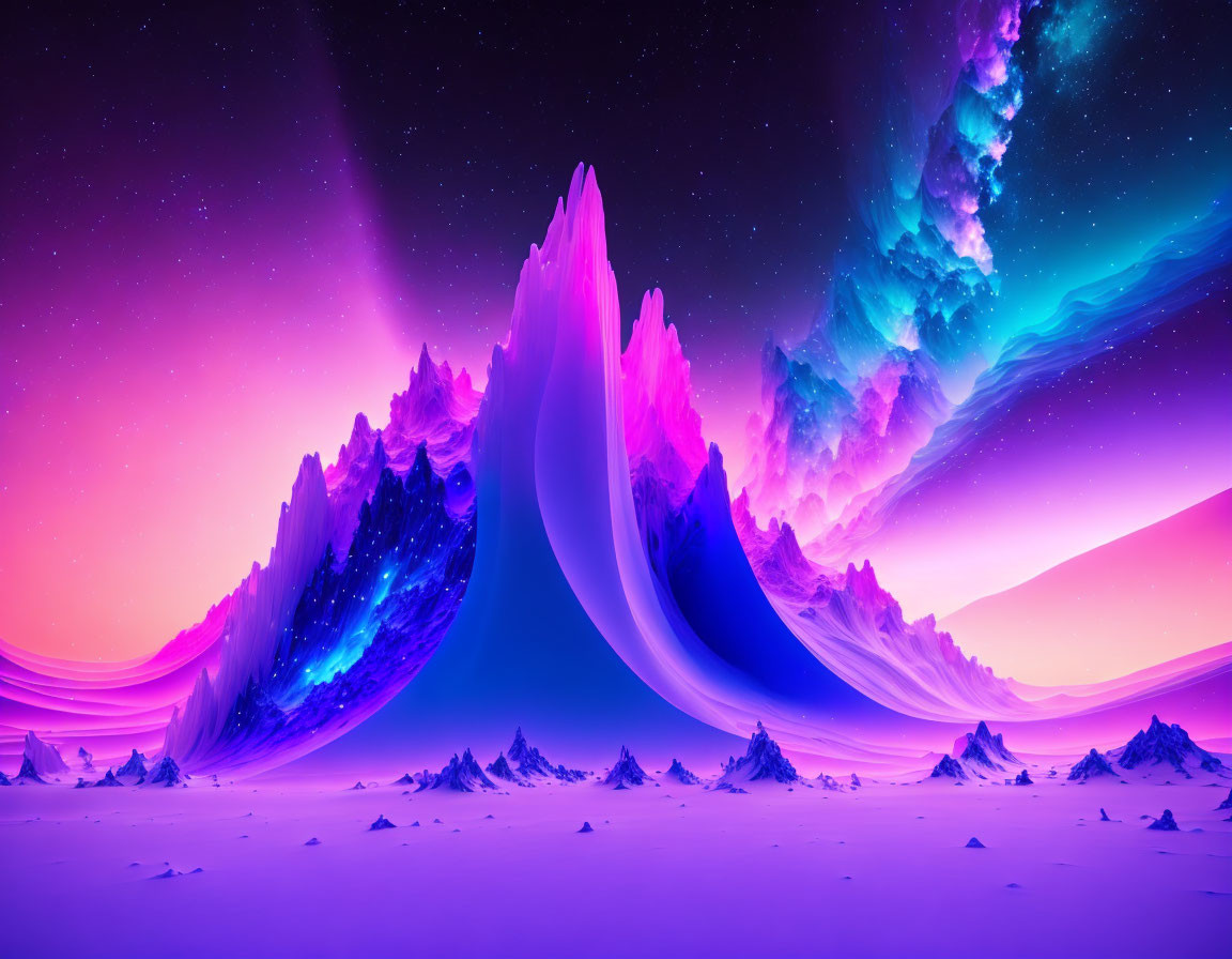 Surreal landscape with neon mountains under starry sky