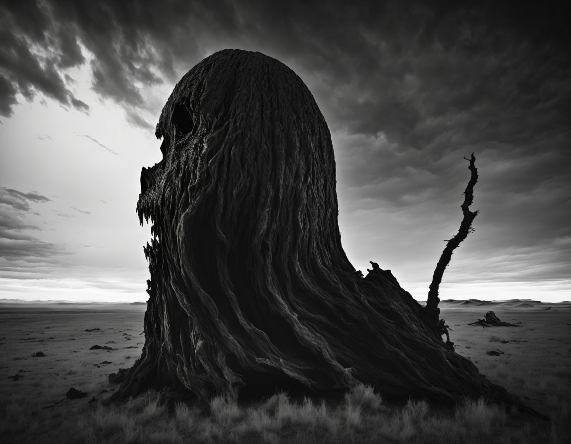 Monochromatic surreal landscape with skull-shaped hill and barren tree