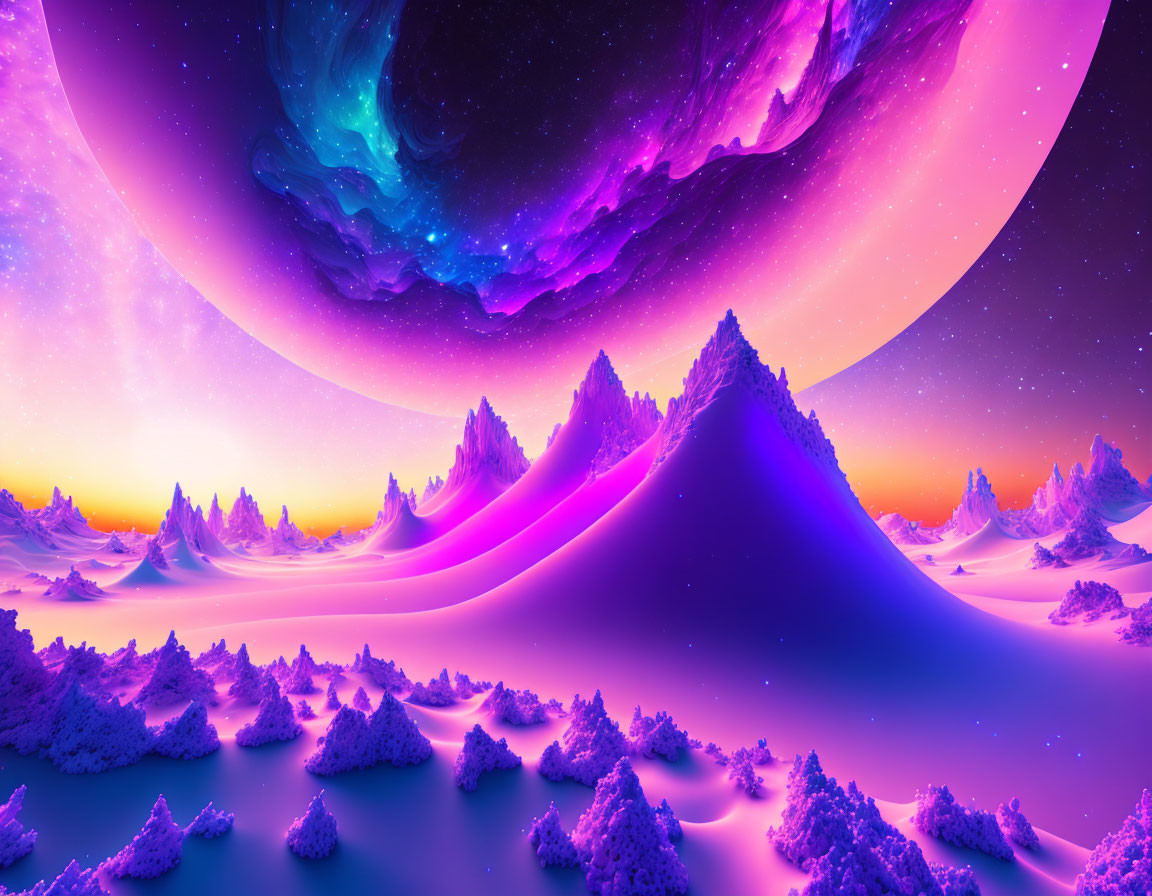 Fantasy landscape with snowy mountains under celestial body and colorful sky