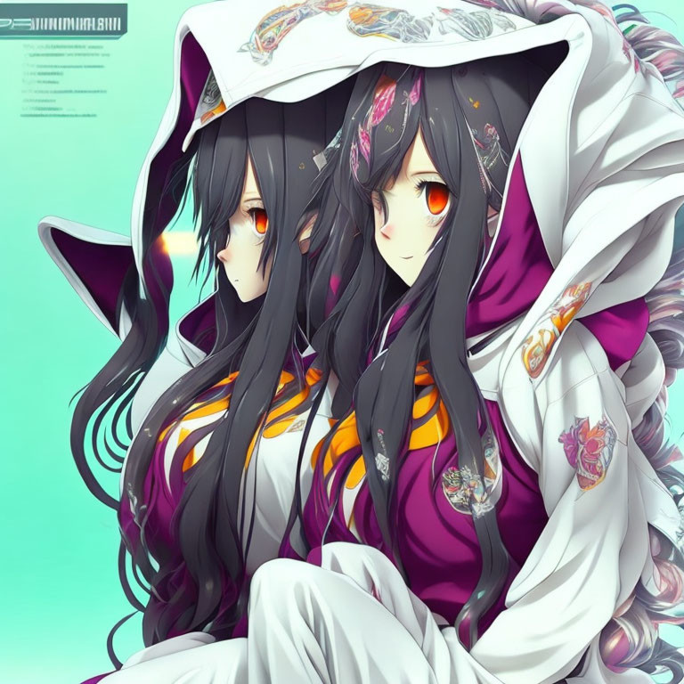 Anime-style girls with long black hair and red eyes in white and purple floral outfits.