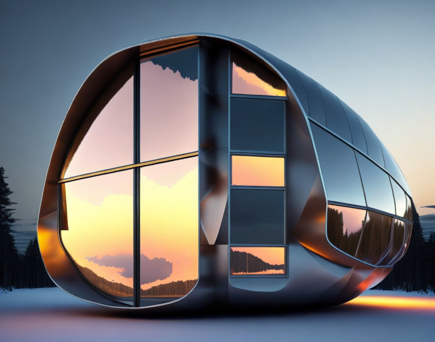 Modern oval-shaped house with reflective glass windows in snowy sunset scene