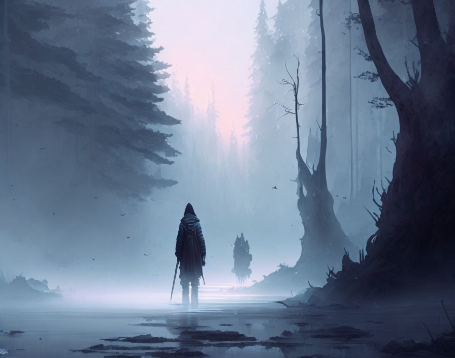 Mystical forest scene with cloaked figure, wolf, and reflective water surface