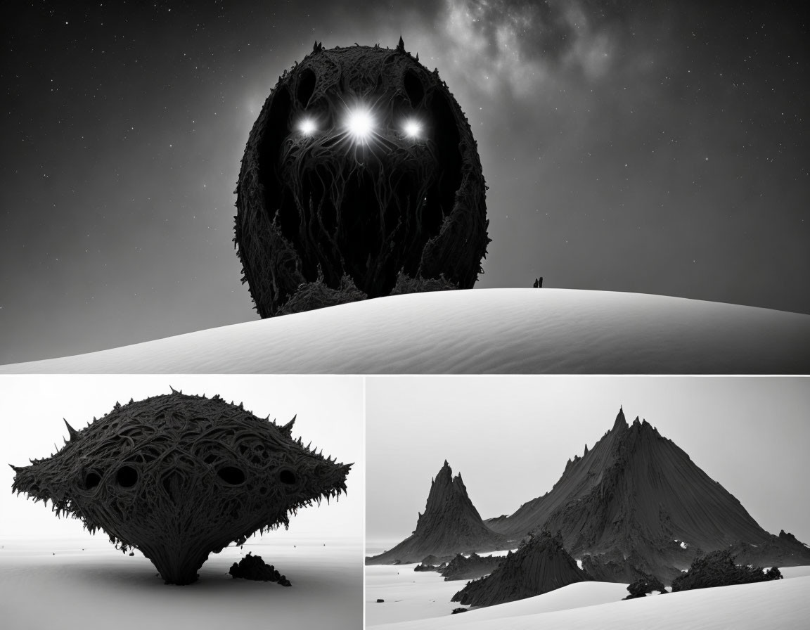 Surreal monochrome triptych landscapes with figure and dark organic structures