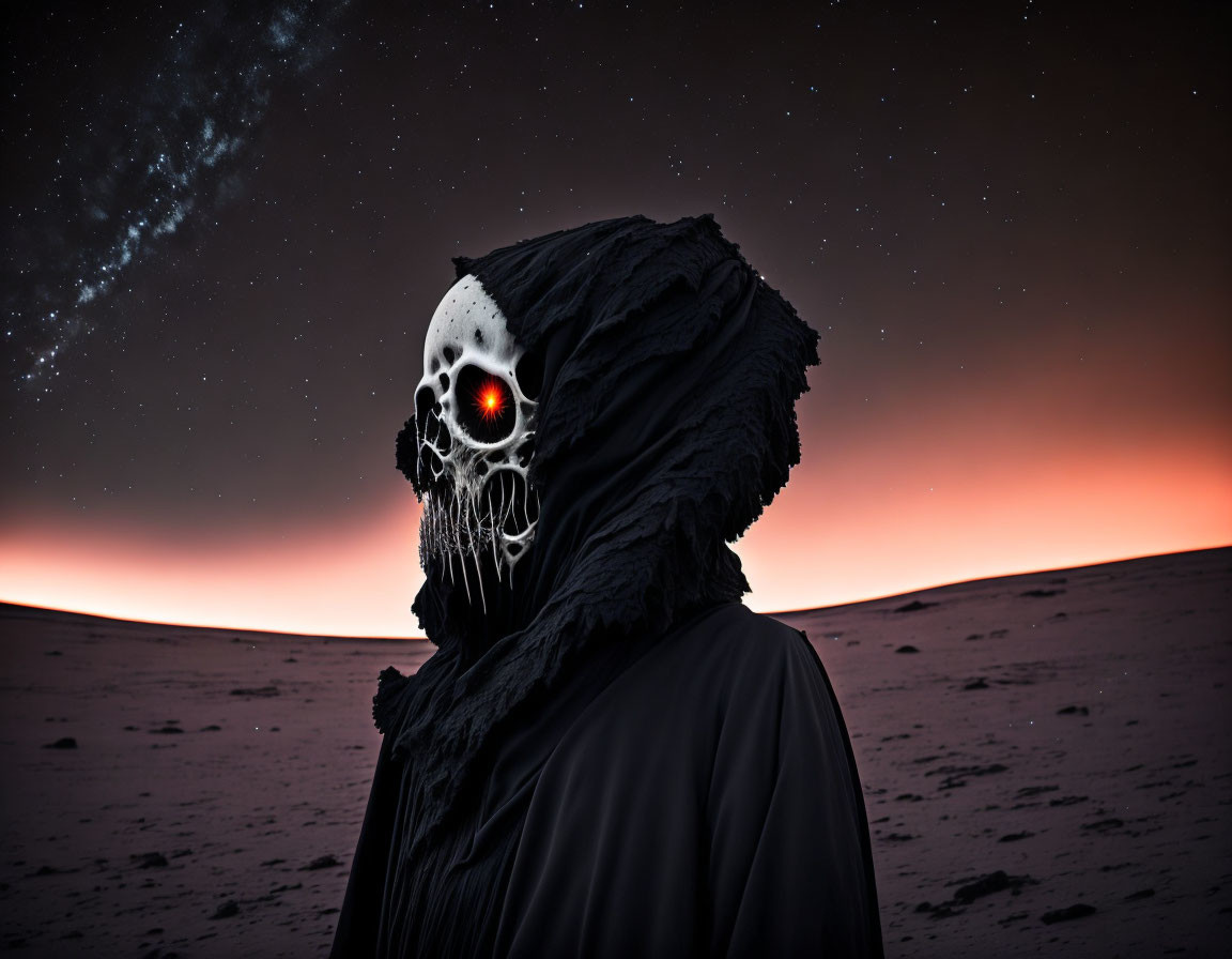 Person in hooded cloak with skull mask under twilight sky.