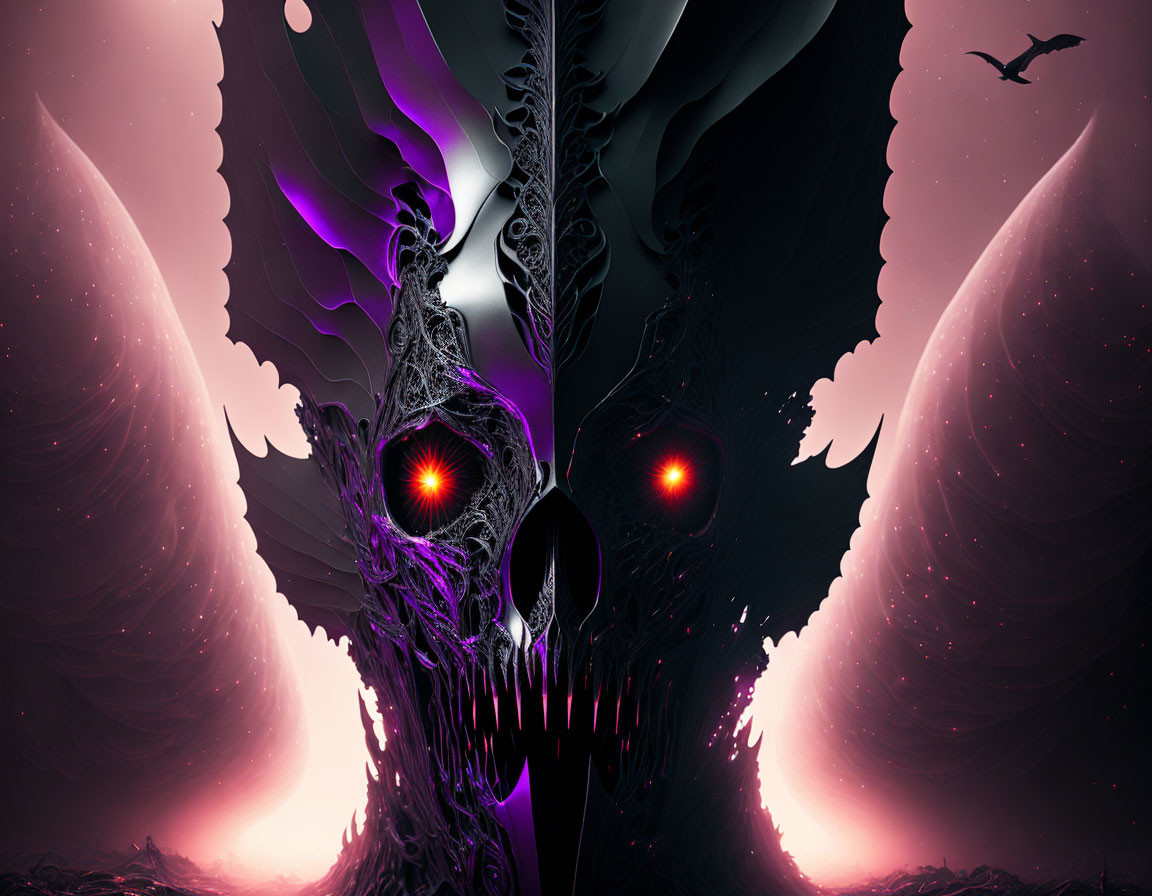 Surreal digital artwork: Skull with glowing red eyes and fiery wings.