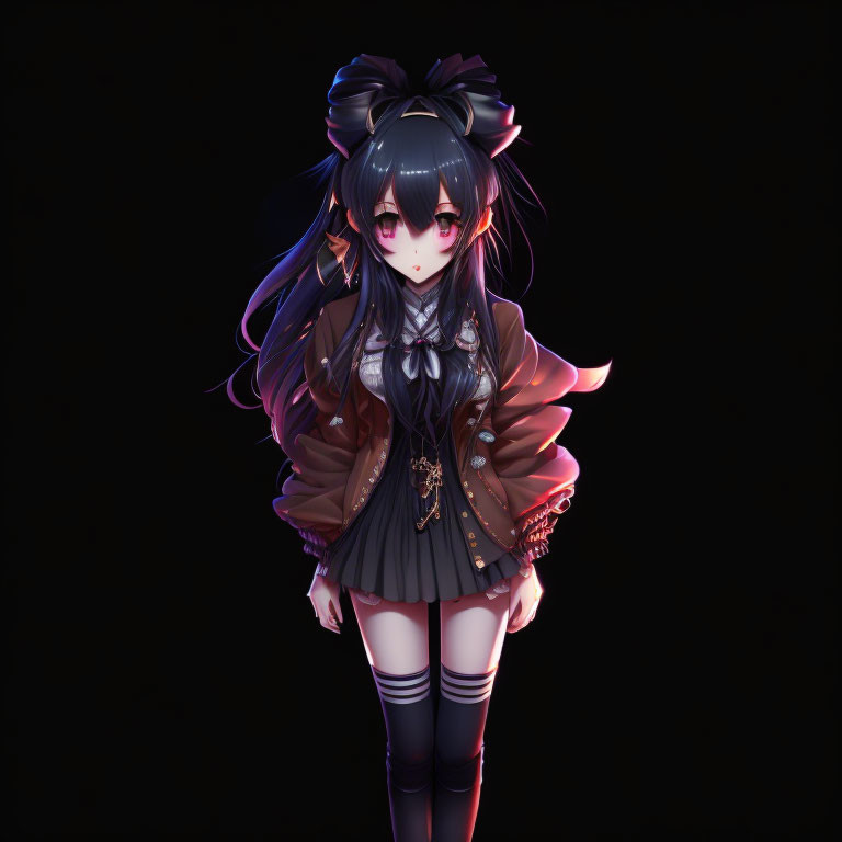 Purple-haired anime girl in brown jacket and knee-high socks on dark background