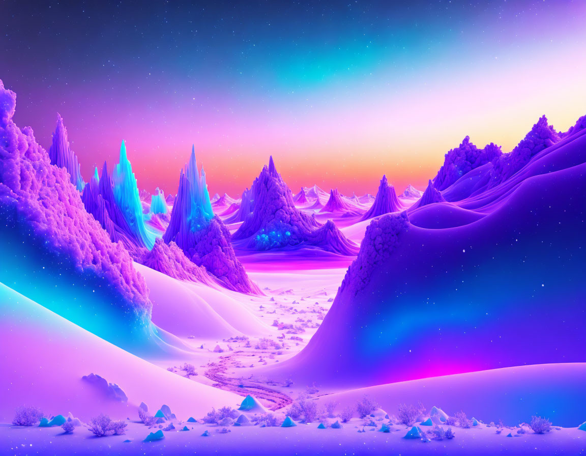 Surreal neon-lit snow-covered mountains under a starry sky