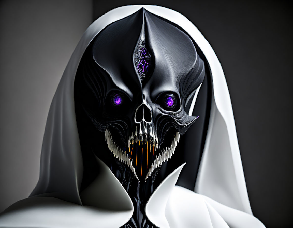Menacing figure with skull-like face and purple eyes in white cloak
