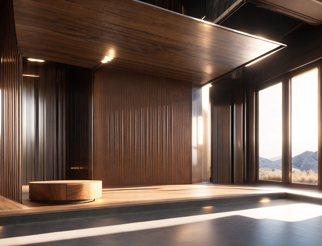 Modern interior design with wood paneling, mountain views, bench, and ambient lighting.