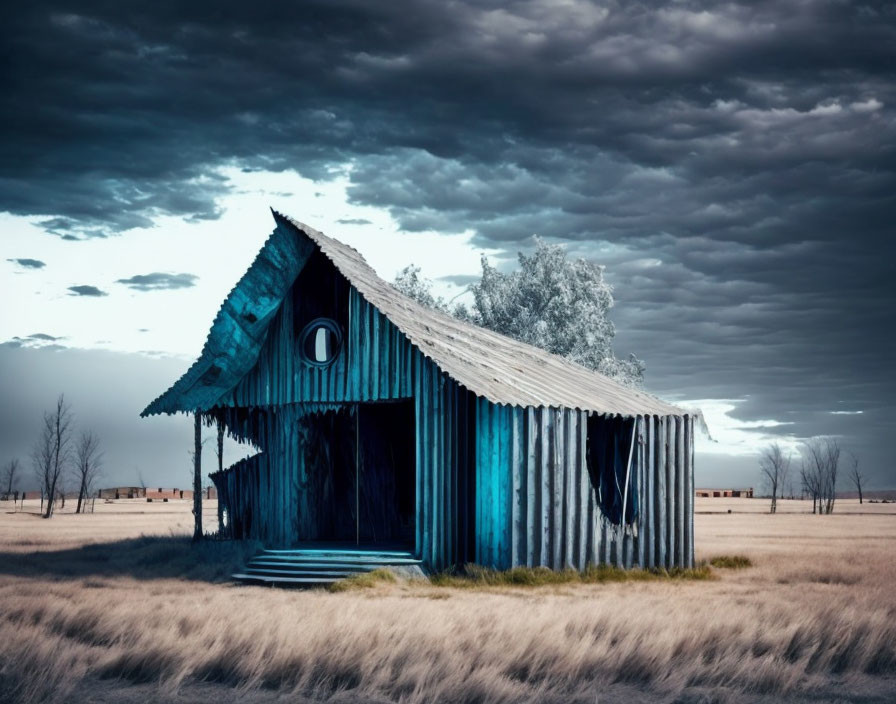 Weathered blue wooden shack in desolate field under dramatic sky