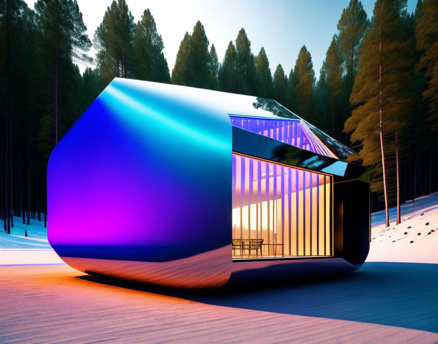 Futuristic illuminated building in snowy landscape at dusk