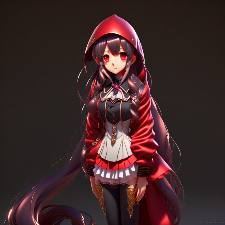 Detailed Digital Art: Girl in Red Hooded Cloak with Long Hair