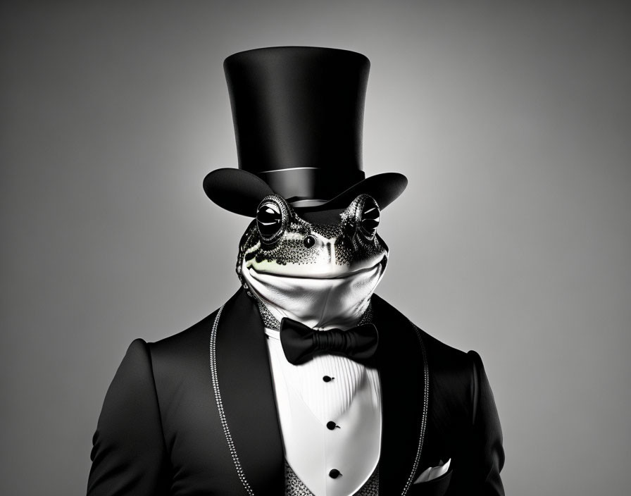 Frog head on tuxedo-clad body in top hat against grey backdrop