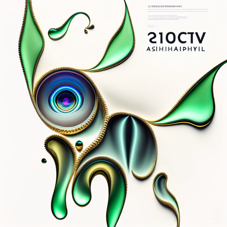 Fluid green shapes and golden accents in abstract digital art with central eye-like structure and mirrored letters and numbers