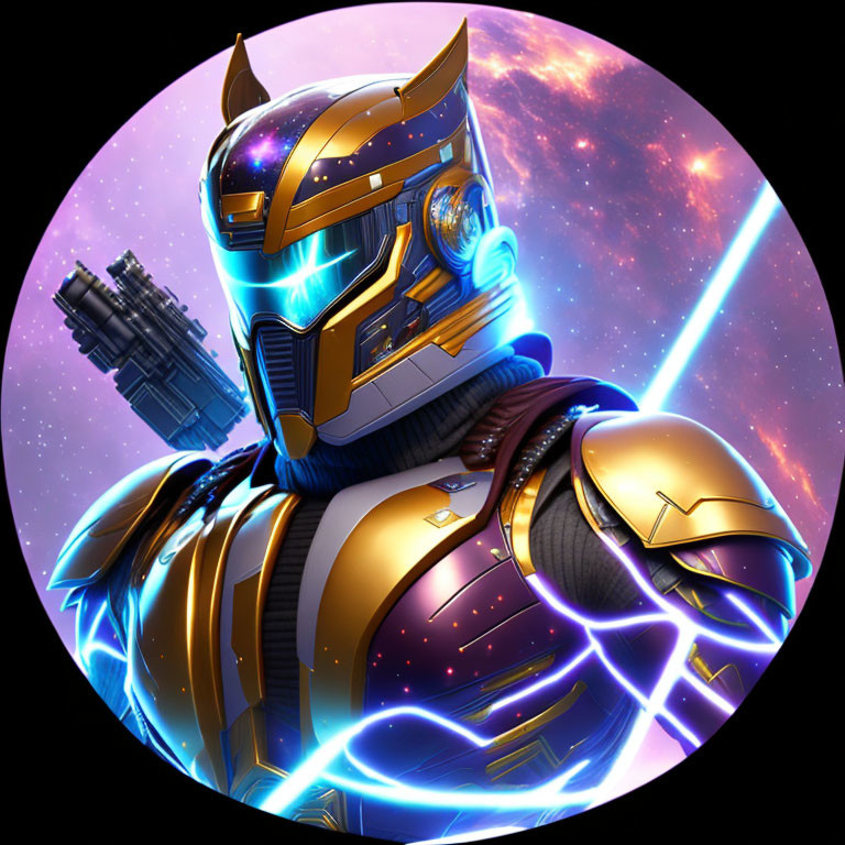 Armored robotic character with blue lights and gold accents in cosmic setting.