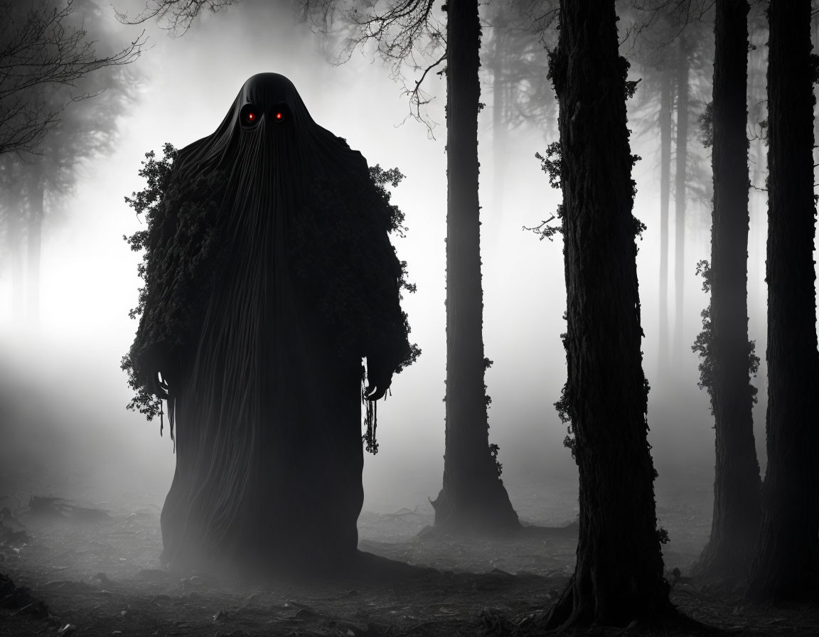 Mysterious figure with red eyes in foggy forest